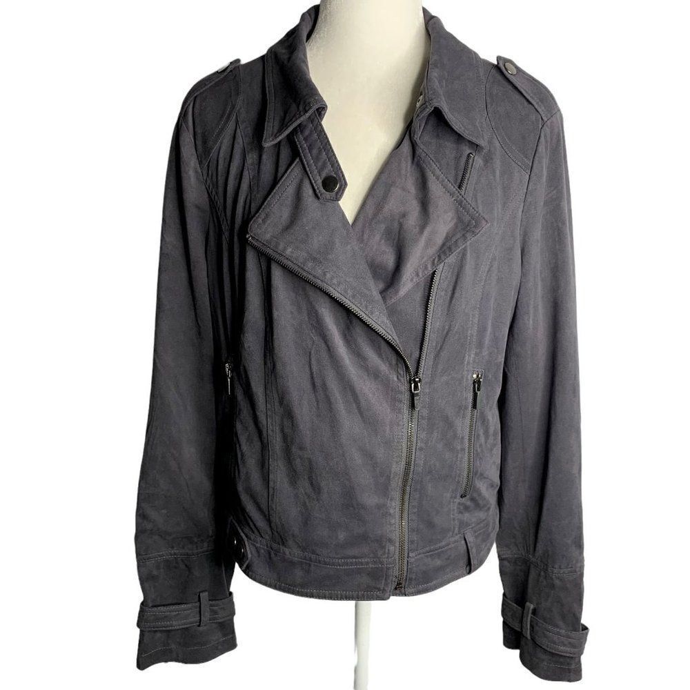 BNCI Blanc Noir Faux Suede Moto Jacket L Grey Asymmetrical Zipper Pockets Lined